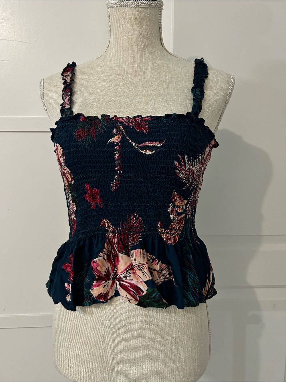 Patrons of Peace Smocked Floral Peplum Crop Top — Navy Tropical Hibiscus Print